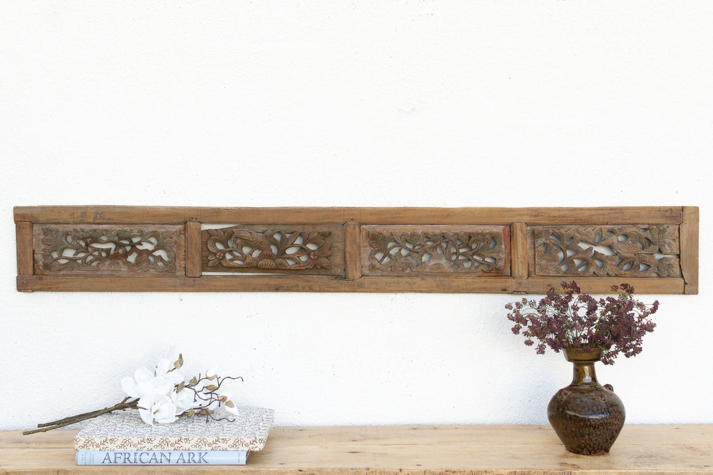 Antique Botanicals & Bird Carved Wood Panel