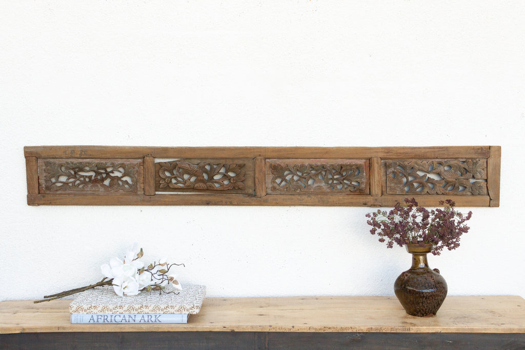 Antique Botanicals & Bird Carved Wood Panel