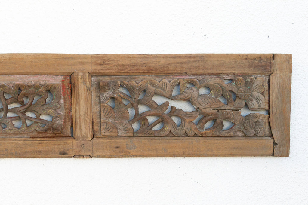 Antique Botanicals & Bird Carved Wood Panel