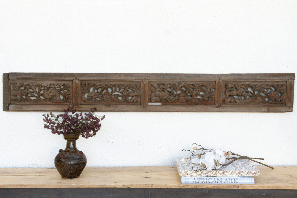 Weathered Patina Asian Carved Wooden Panel