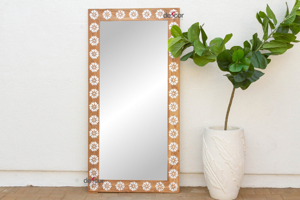Teak Floral Inlay Blossom Mirror