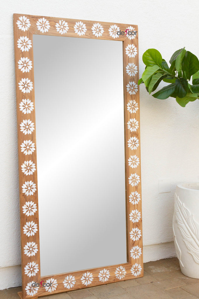 Teak Floral Inlay Blossom Mirror