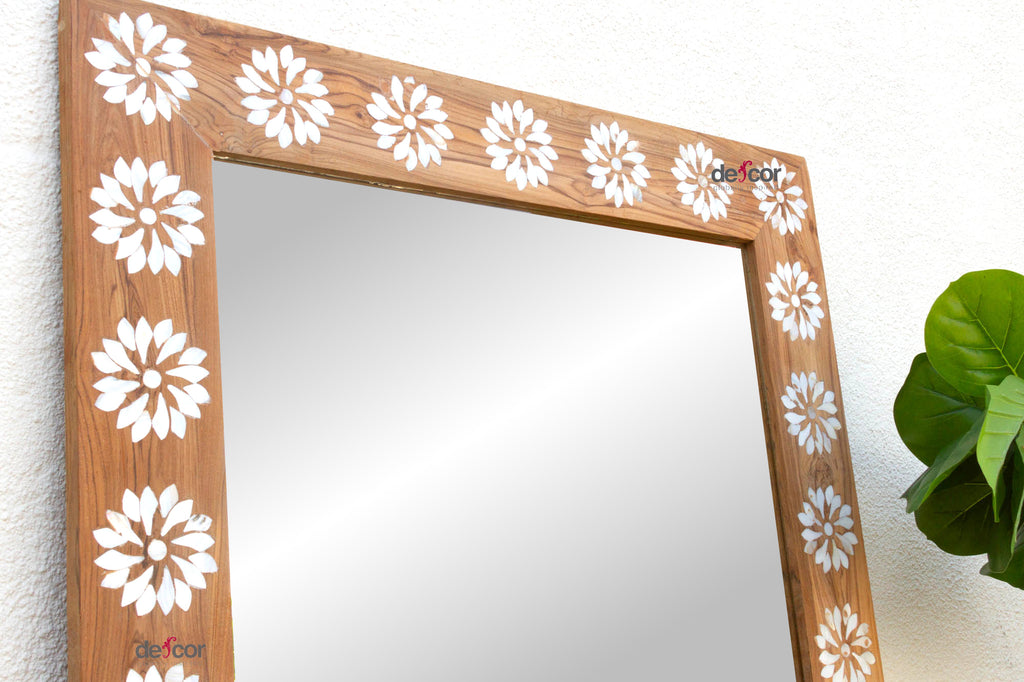 Teak Floral Inlay Blossom Mirror