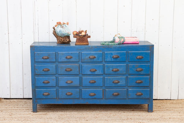 Rustic Blue Teak 20-Drawer Apothecary Dresser