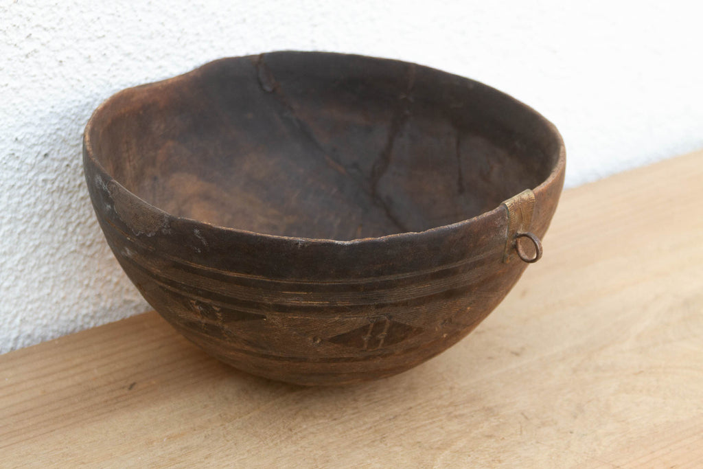 Antique Engraved Bowl w/ Brass Ring Handle