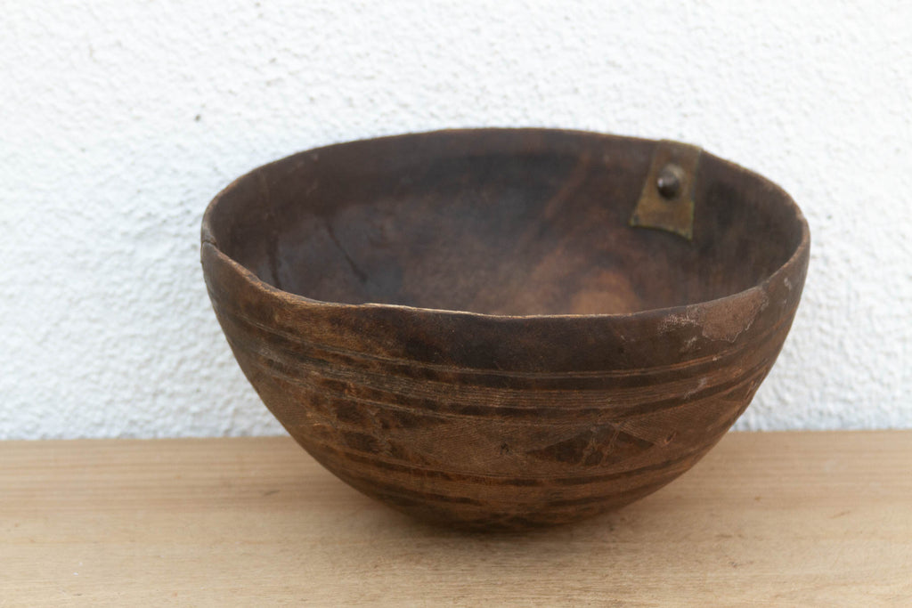 Antique Engraved Bowl w/ Brass Ring Handle