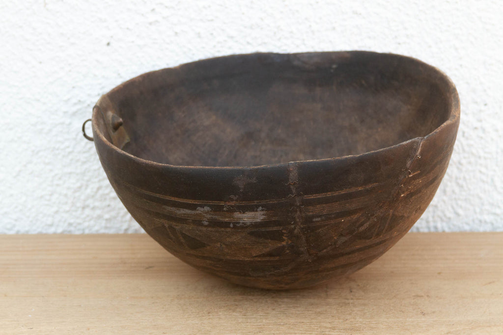 Antique Engraved Bowl w/ Brass Ring Handle