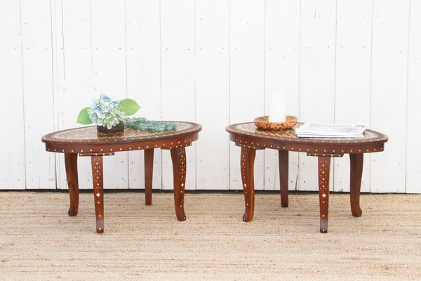 Set of Two, Oval Carved & Inlay End Tables