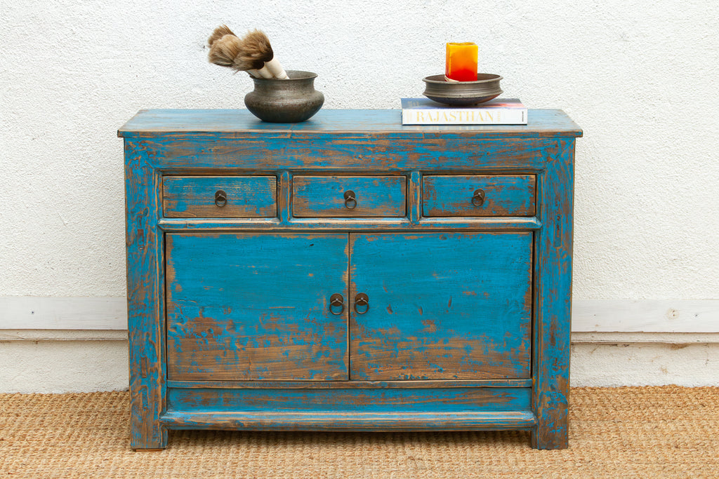 Ming Teal Distressed Vintage Credenza