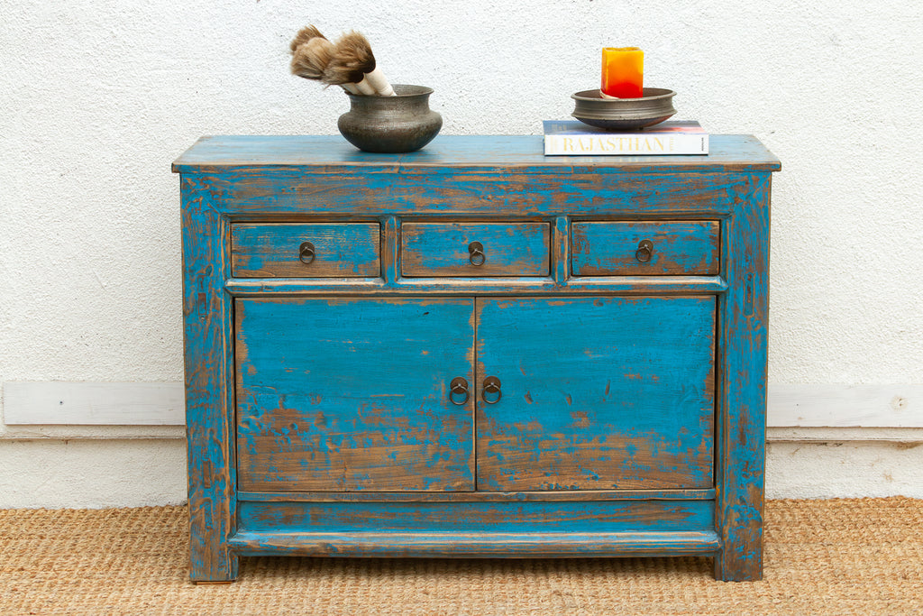 Ming Teal Distressed Vintage Credenza