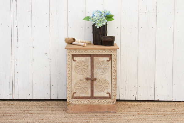 Small Bleached Wood Carved Nightstand