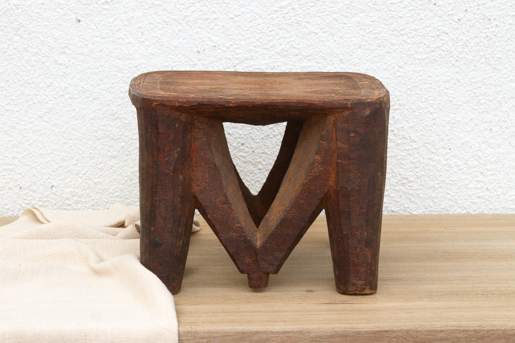 African Carved Stool, Sunstone Seat