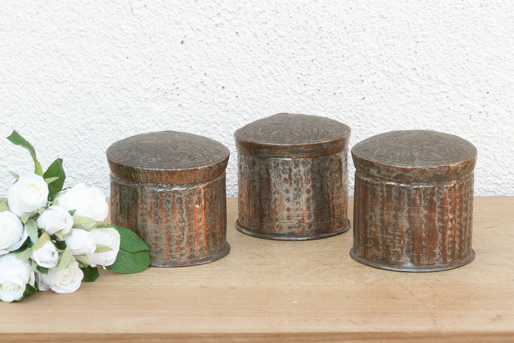 Set of 3 Antique Tinned Copper Spice Jars