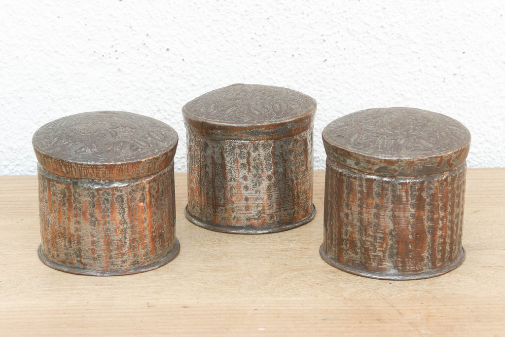 Set of 3 Antique Tinned Copper Spice Jars