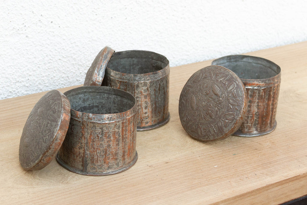 Set of 3 Antique Tinned Copper Spice Jars