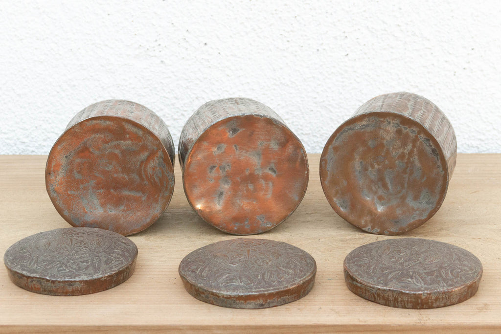 Set of 3 Antique Tinned Copper Spice Jars