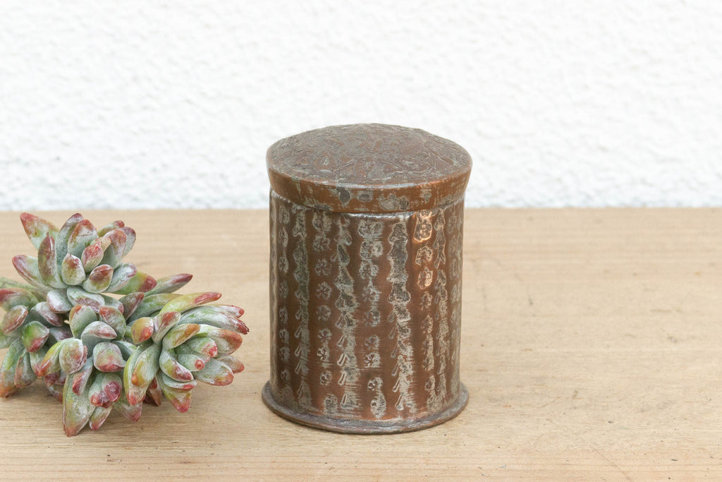 Petite Antique Etched Copper Spice Container
