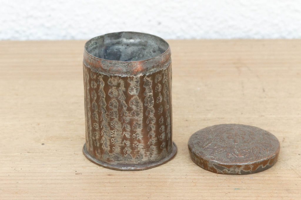 Petite Antique Etched Copper Spice Container