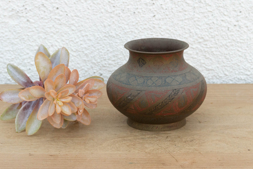Red & Black Enamel Antique Brass Vessel