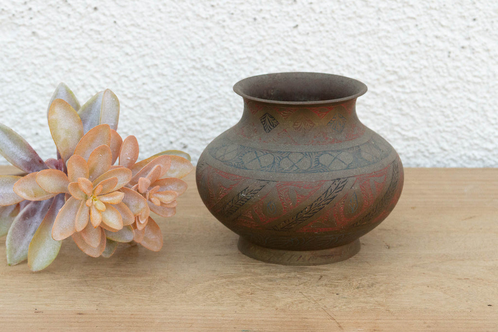 Red & Black Enamel Antique Brass Vessel