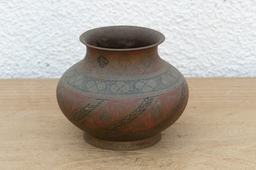 Red & Black Enamel Antique Brass Vessel
