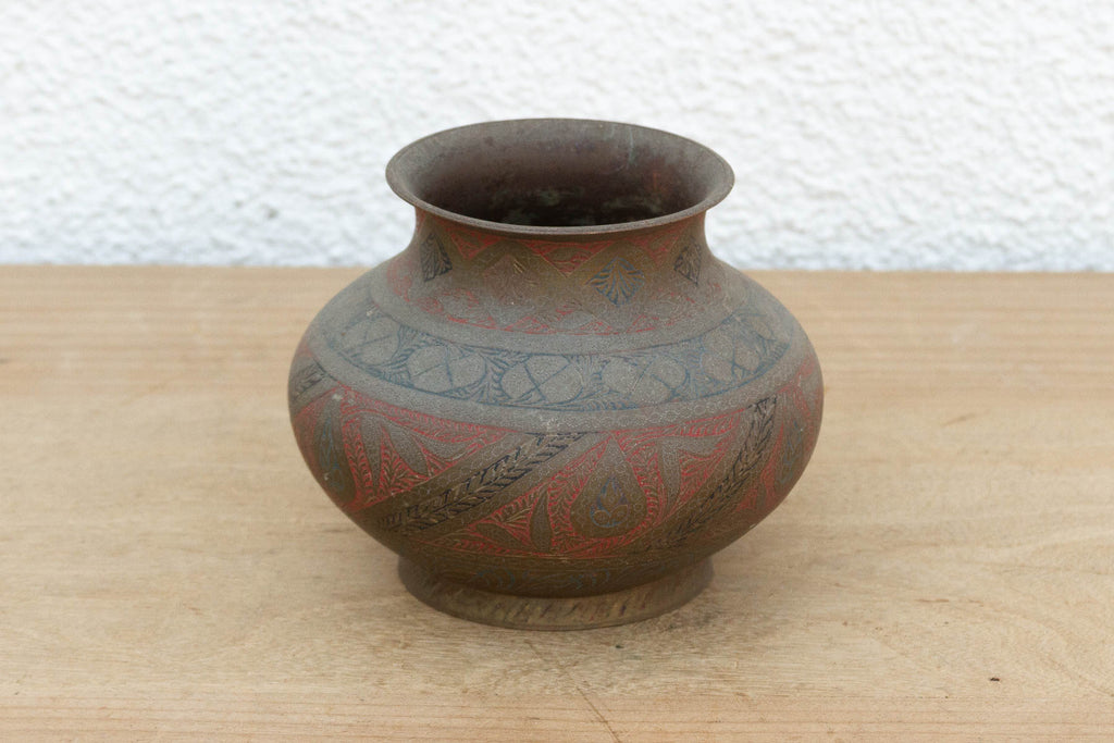 Red & Black Enamel Antique Brass Vessel