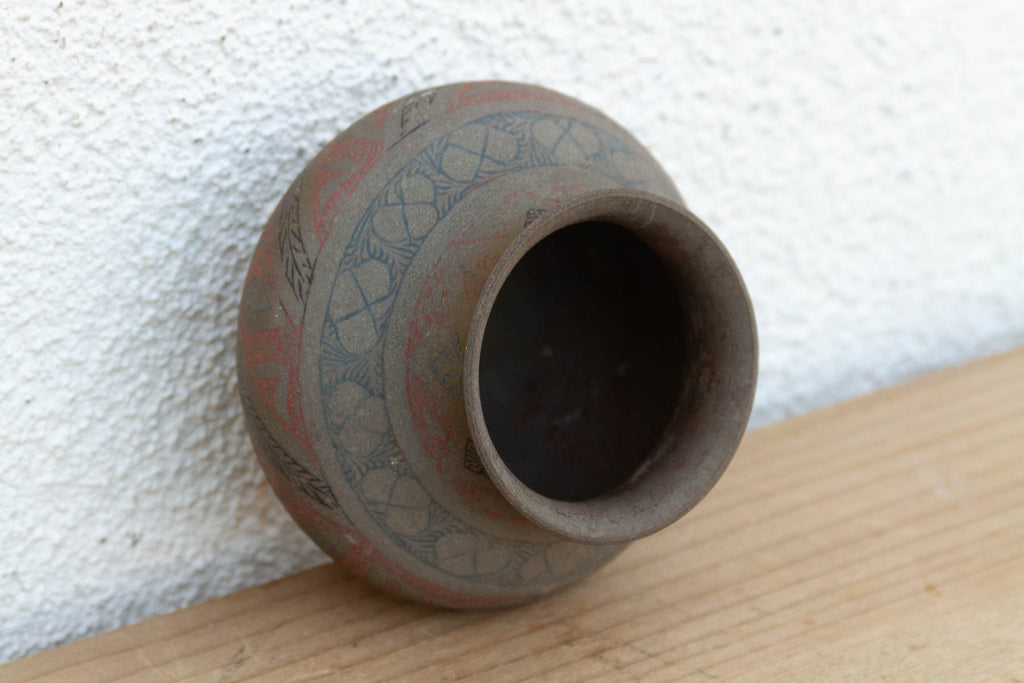 Red & Black Enamel Antique Brass Vessel