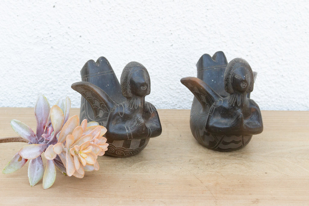 Pair of Vintage Black Clay Mythological Sirens