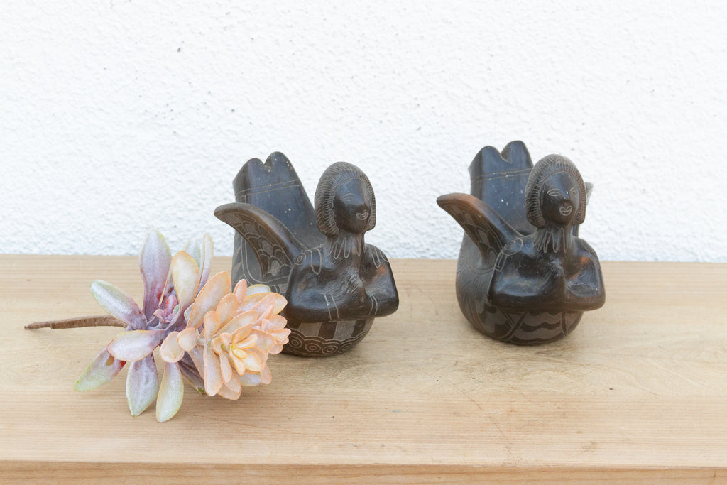 Pair of Vintage Black Clay Mythological Sirens