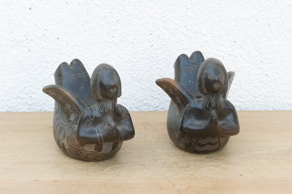 Pair of Vintage Black Clay Mythological Sirens