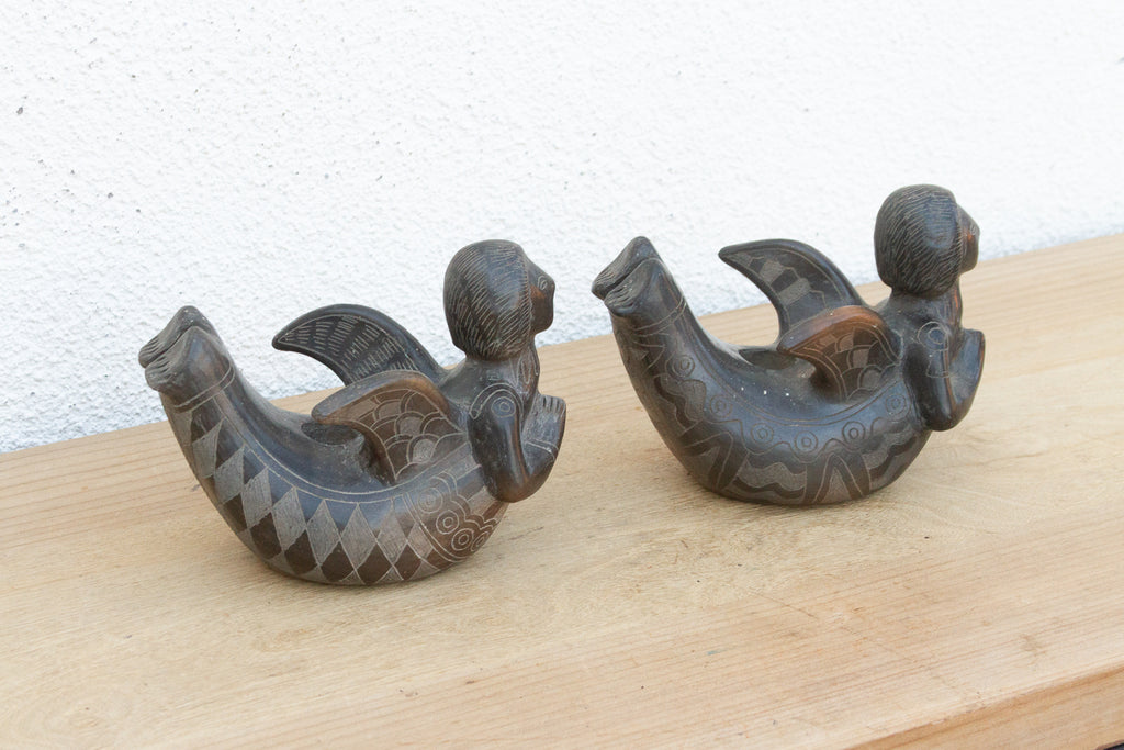 Pair of Vintage Black Clay Mythological Sirens