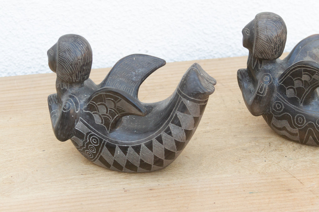 Pair of Vintage Black Clay Mythological Sirens