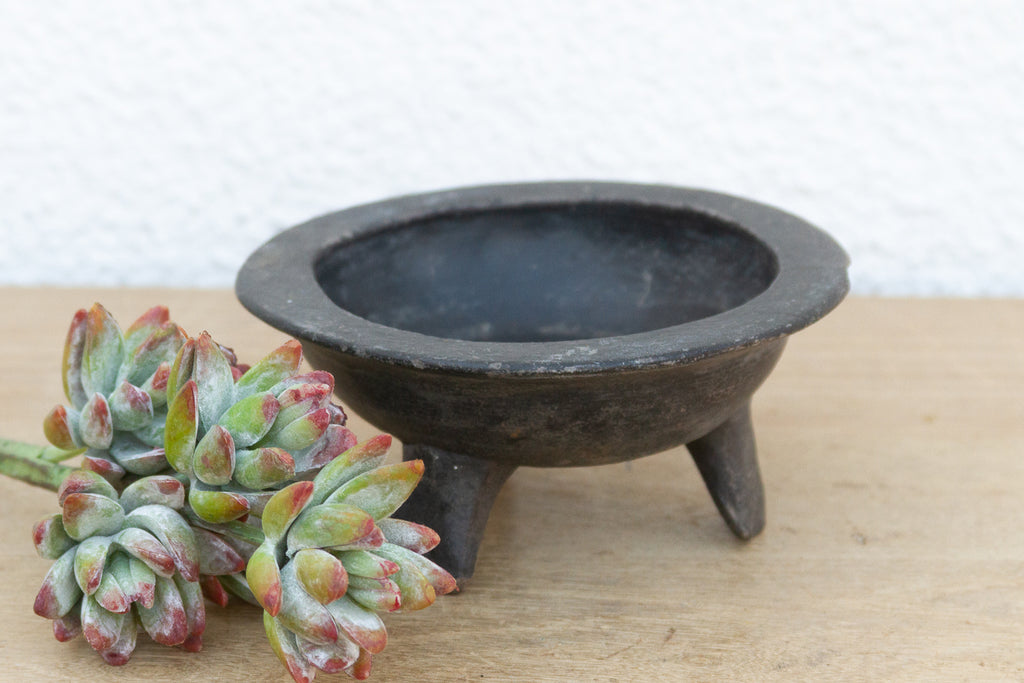 Small Vintage Black Clay Tripod Bowl