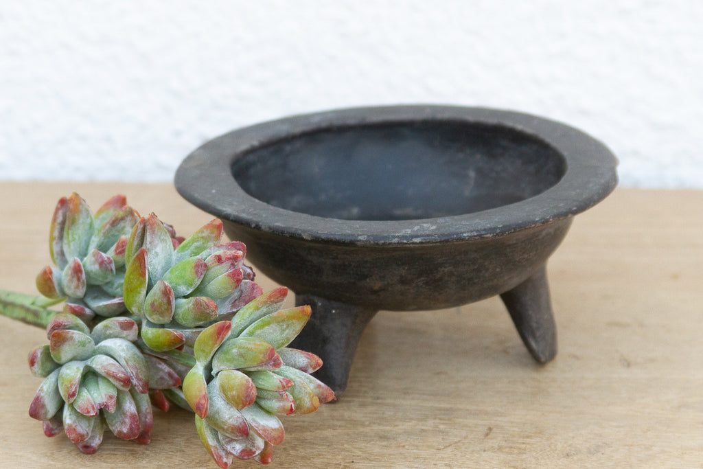 Small Vintage Black Clay Tripod Bowl