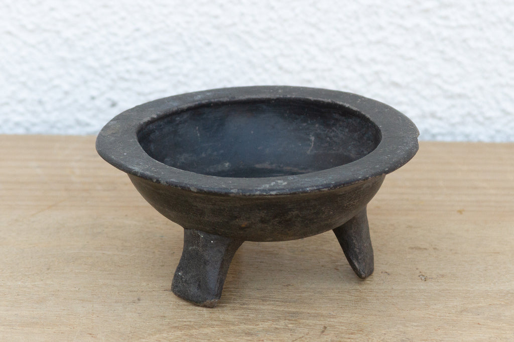 Small Vintage Black Clay Tripod Bowl