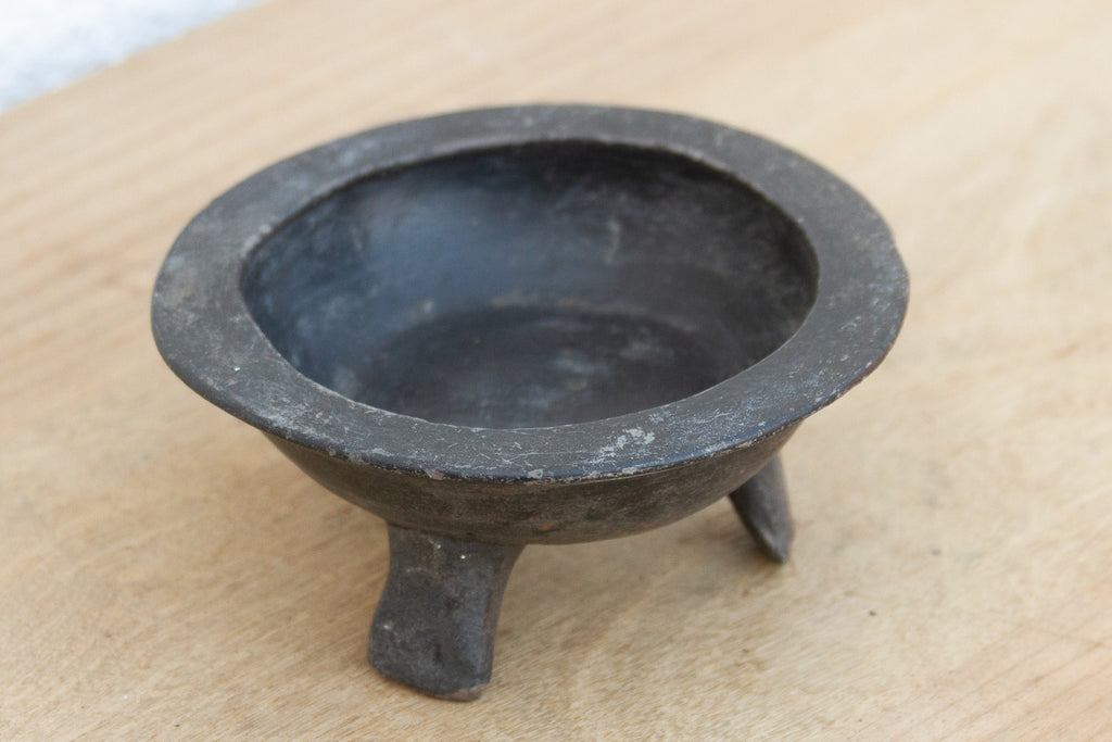 Small Vintage Black Clay Tripod Bowl