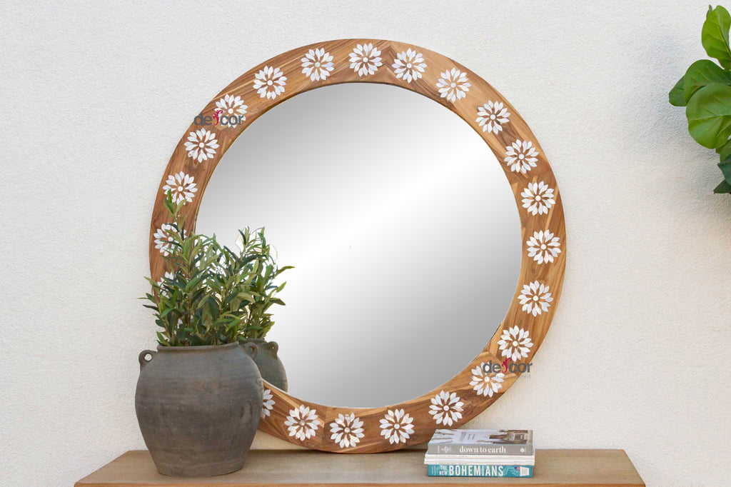 Large Teak Mother of Pearl Inlay Round Mirror (Trade)