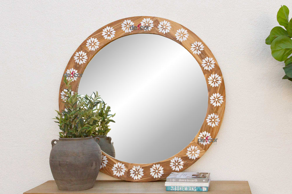 Large Teak Mother of Pearl Inlay Round Mirror
