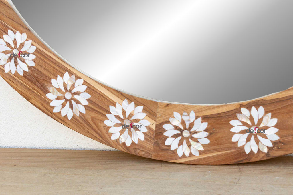 Large Teak Mother of Pearl Inlay Round Mirror