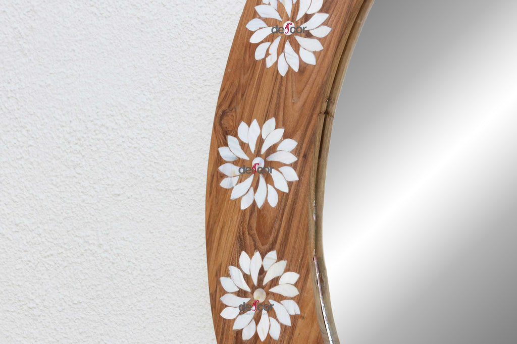 Large Teak Mother of Pearl Inlay Round Mirror