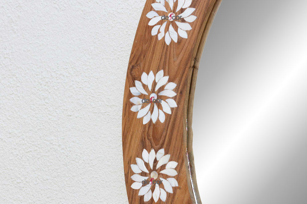 Large Teak Mother of Pearl Inlay Round Mirror