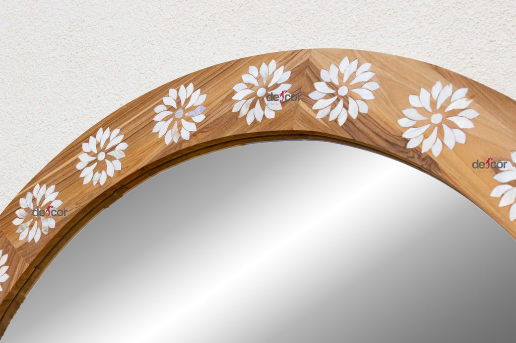 Large Teak Mother of Pearl Inlay Round Mirror (Trade)
