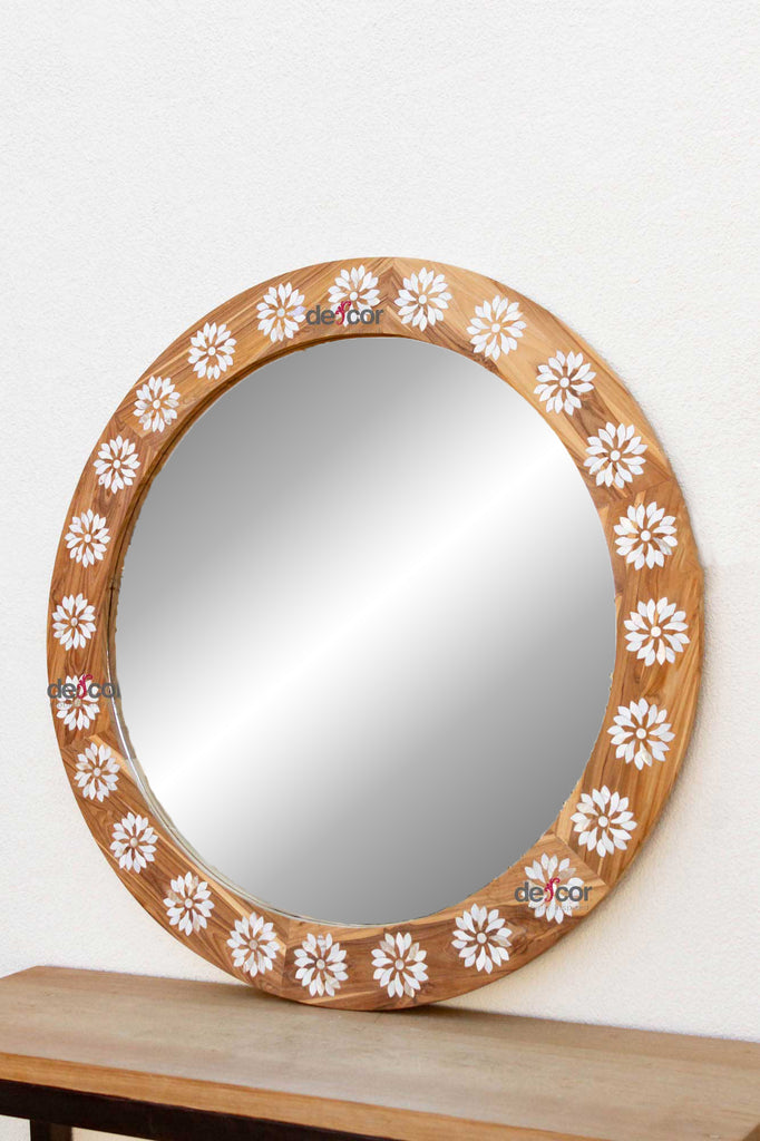 Large Teak Mother of Pearl Inlay Round Mirror