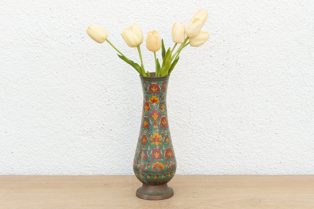 Mid-Century Etched Brass & Enamel Vase (Trade)