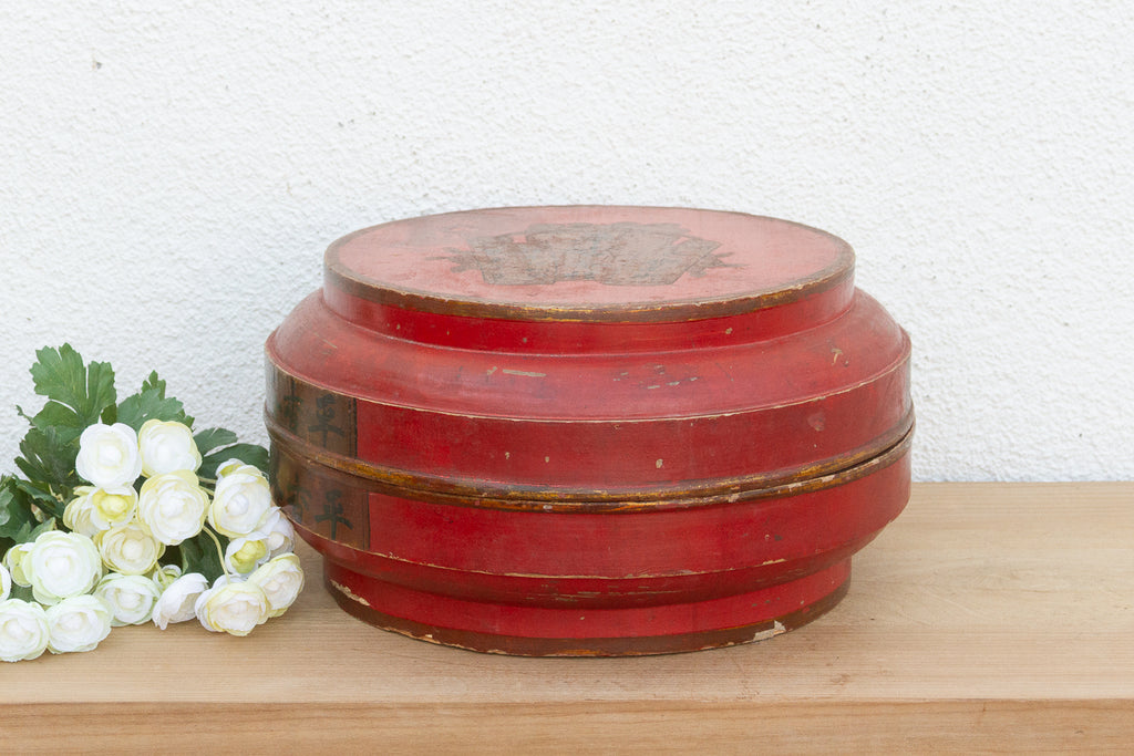 Antique Chinese Red Lacquer Round Box