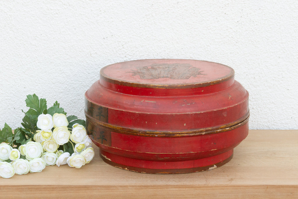 Antique Chinese Red Lacquer Round Box