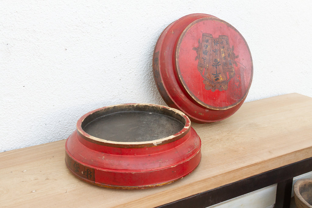 Antique Chinese Red Lacquer Round Box