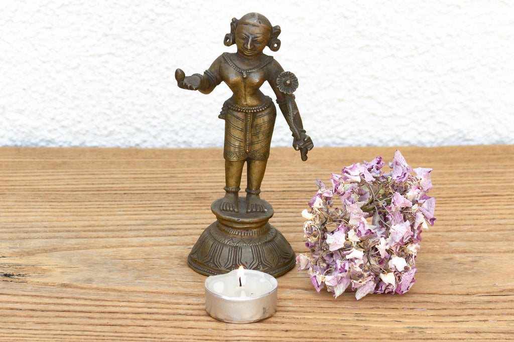 Indian Lost-Wax Bronze Attendant with Sunflower Offering
