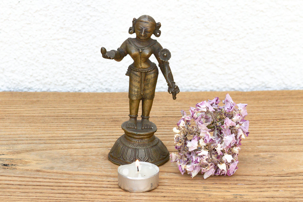 Indian Lost-Wax Bronze Attendant with Sunflower Offering