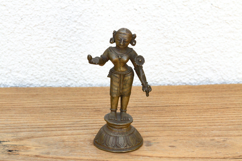 Indian Lost-Wax Bronze Attendant with Sunflower Offering